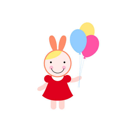 Illustration of a girl in costume of bunny with colorful balloonsのイラスト素材