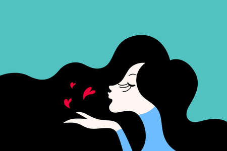 Illustration of glamour black haired woman sending kiss on green backgroundのイラスト素材