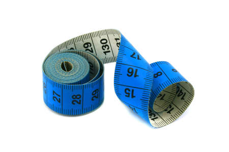 Blue measuring tape on a white background
