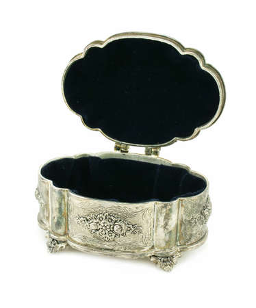Ancient silver box open isolated on a white backgroundの写真素材