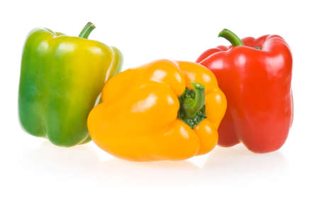 Ripe Yellow, Green and Red Paprika Isolated on White Backgroundの写真素材