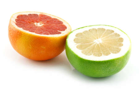 Two Ripe Sliced Grapefruits Isolated on White Backgroundの写真素材
