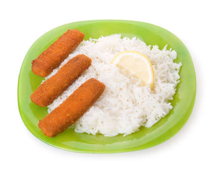 Delicios food (rice and fish sticks) in green china plate isolated on white backgroundの写真素材