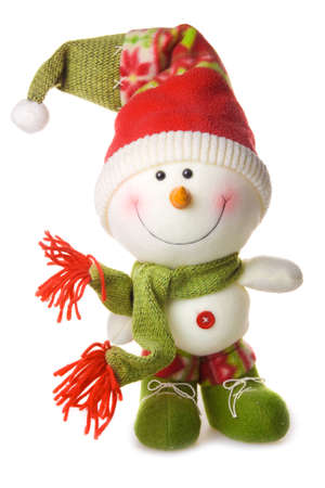 Snowman in hat and scarf isolated on white backgroundの写真素材