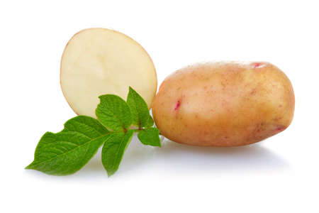 Ripe patatoes vegetable whith green leafs isolated on white backgroundの写真素材