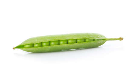 Ripe pea vegetable with green leaf isolated on white backgroundの写真素材