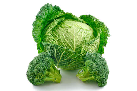 Ripe Broccoli and Savoy Cabbage Isolated on White Backgroundの写真素材