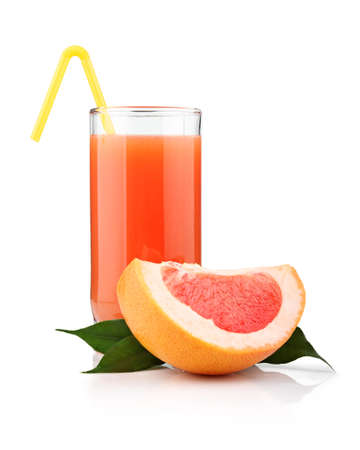 Full glass of grapefruit juice and fruits isolated on white backgroundの写真素材
