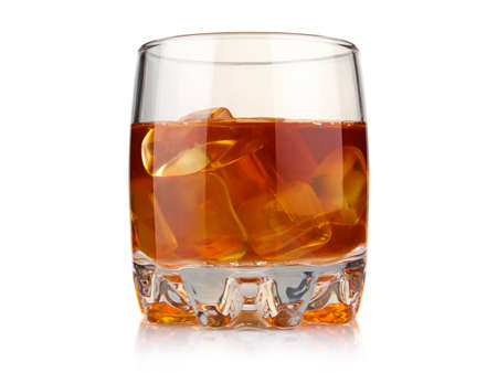 Glass of whiskey with ice cubesisolated on white backgroundの写真素材
