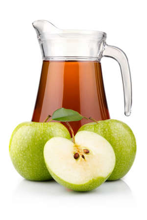 Jug and glass of green apple juice with fruit isolated on white backgroundの写真素材