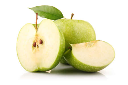 Ripe green apple fruit with leaf and slices isolated on white backgroundの写真素材