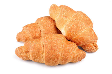 Three gold croissant isolated on white backgroundの写真素材