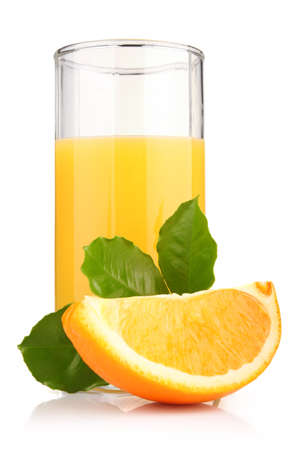glass of orange juice and orange fruits with green leaves isolated on whiteの写真素材
