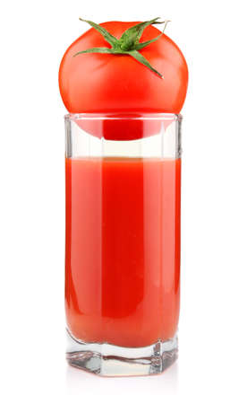 Glass of tomato juice and fruits with green leaves isolated on whiteの写真素材