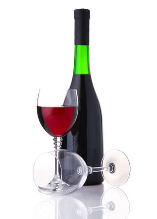 Bottle and glass of red wine isolated on white backgroundの写真素材