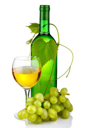Bottle of wine with glass and grape branch isolated on white background の写真素材