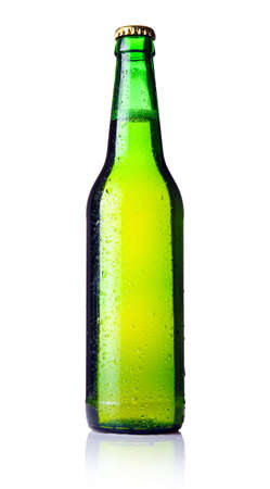 Green bottle of beer isolated on white backgroundの写真素材