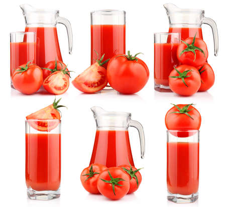 Set of tomatoes juice in pitcher with fruits isolated on white backgroundの写真素材