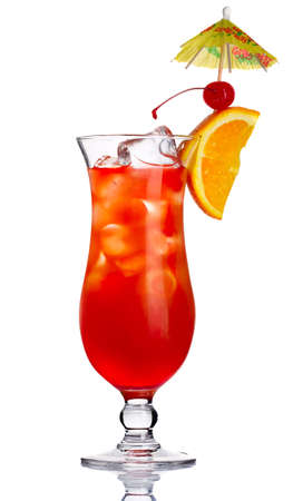 Red alcohol cocktail with orange slice isolated on white backgroundの写真素材