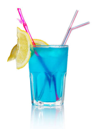 Blue alcohol cocktail with lemon slice isolated on white backgroundの写真素材