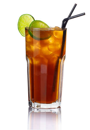 Glass of alcohol cocktail with lime isolated on white backgroundの写真素材