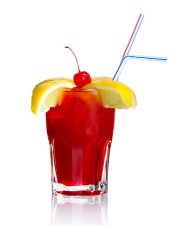 Red alcohol cocktail with lemon slices and cherry isolated on white backgroundの写真素材