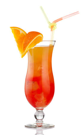 Orange alcohol cocktail with fruit slices isolated on white の写真素材