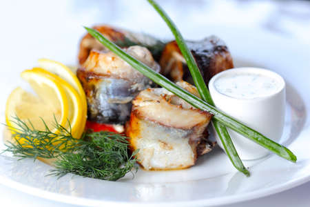 Prepared sea fish portions with greens and vegatables (closup, selective focus)の写真素材