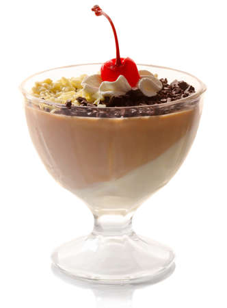 Fresh cacao jelly with cherry isolated on white backgroundの写真素材