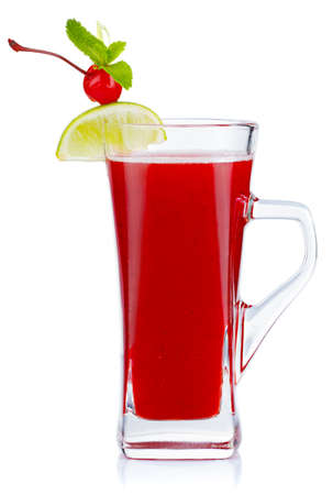 Glass of hot fruit tea with fresh mint and cherry berry isolated on whiteの写真素材