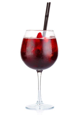 Red alcohol cocktail with red wine and raspberries isolated on whiteの写真素材