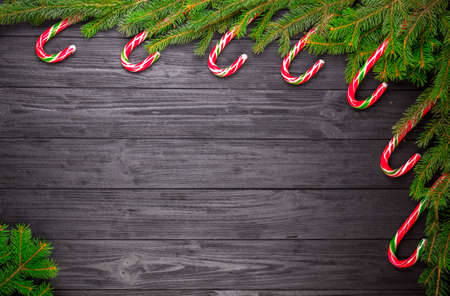 Christmas fir tree on black wooden grunge background