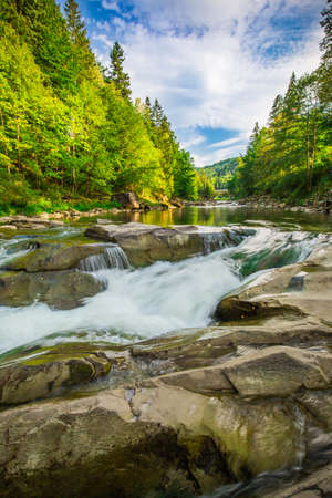 Mountain waterfall Probiy in the wood landscape. Ukrainian Carpathians.の写真素材