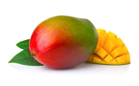 Ripe mango fruits with slices isolated on white backgroundの写真素材