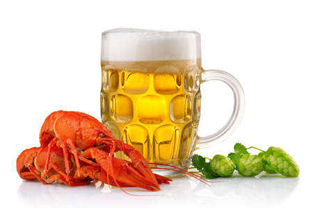 Glass of beer with boiled crayfishes and green hop isolatedの写真素材