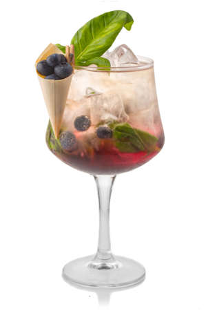 Alcohol coctkail with fresh blueberry and spices isolated on white backgroundの写真素材