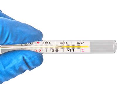 Doctors hand in medical gloves with a mercury thermometer on a white isolated background. Medical...