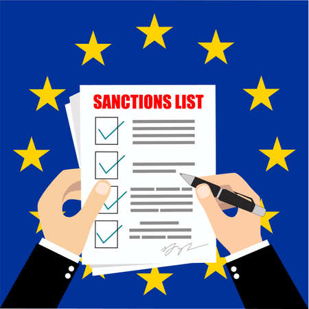A businessman holds a list of sanctions against the backdrop of the European Union. Prohibition, restriction checklist symbol. Embargo sign. Vector illustrationのイラスト素材