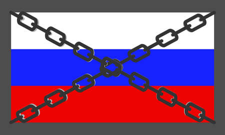 Russian flag in chains. Country isolation, conceptual banner. Sanctions against Russian aggression. Trade embargo. Flat vector illustrationのイラスト素材