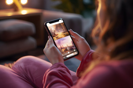 A girl sitting on a couch and scrolling reels on her smartphoneの素材