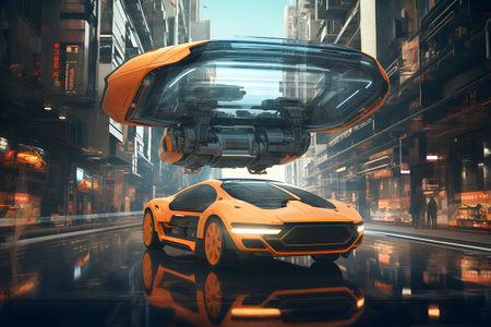 A futuristic car driving down a city street. AI Generatedの素材