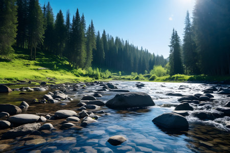 A river running through a lush green forestの素材