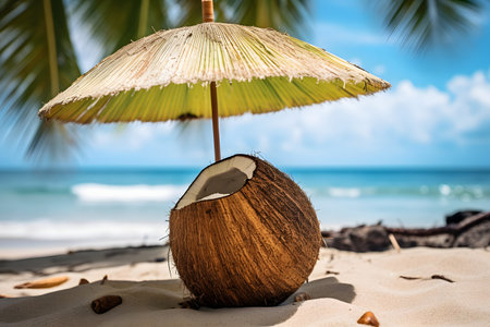 A coconut with a straw umbrella on a beachの素材