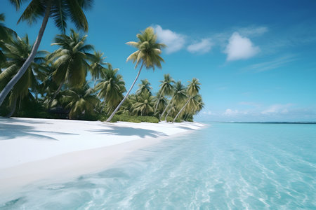 A tropical beach with palm trees and clear waterの素材