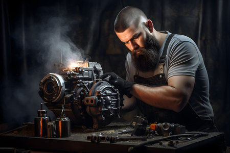 A bearded mechanic repairing an engineの素材