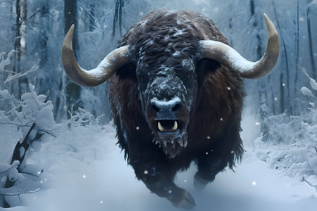 A bison is walking through a snowy forestの素材