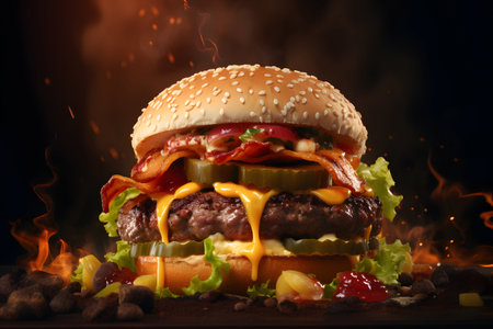 A hamburger with a lot of cheese and bacon on itの素材