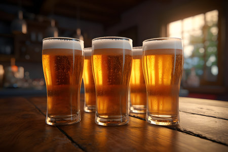 A row of beer glasses sitting on top of a wooden tableの素材