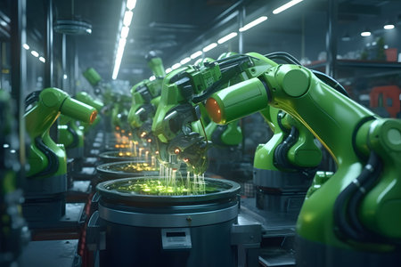 A group of robots working on a plant in a factoryの素材
