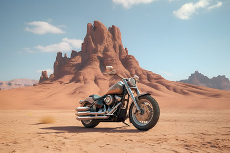 A motorcycle is parked in the middle of a desertの素材